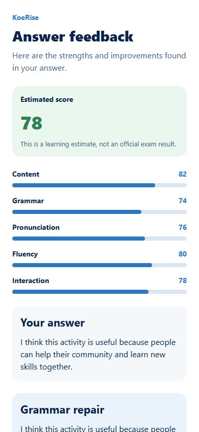English Now feedback screen with specific speaking improvements