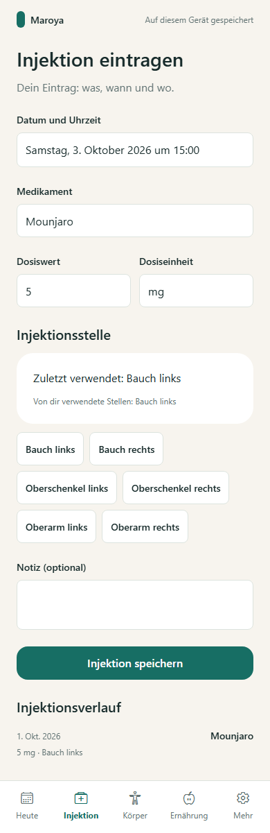 PenLog-Injektionsprotokoll mit Dosis und Injektionsstelle