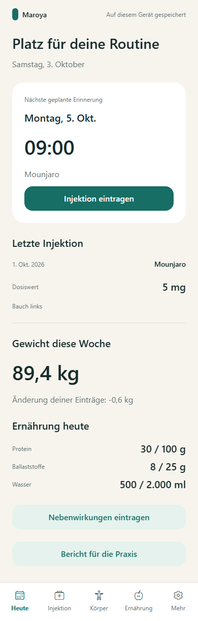 PenLog-Startseite mit der nächsten Erinnerung und aktuellen Einträgen