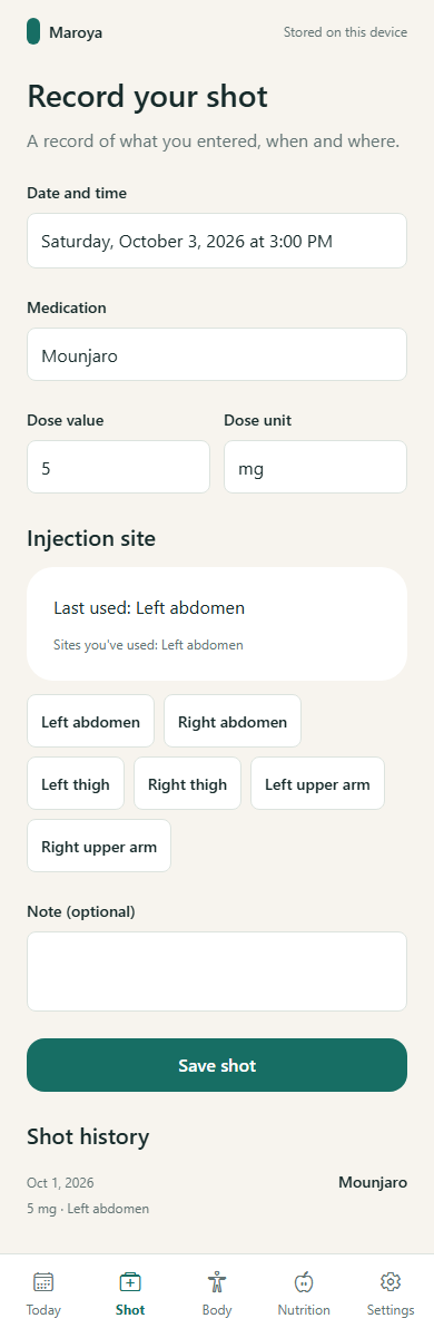 PenLog shot log with dose and injection-site fields