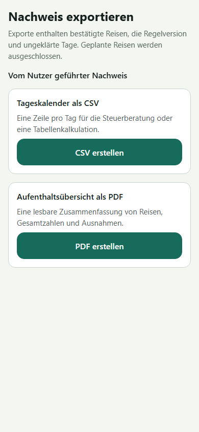 VisaWise-Exportansicht für einen Reisetagebericht
