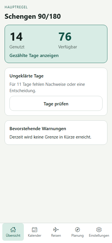 VisaWise-Startseite mit verwendeten und verbleibenden Schengen-Tagen