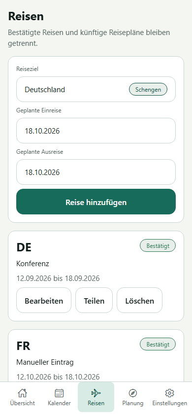 VisaWise-Reiseregister mit Aufenthalten