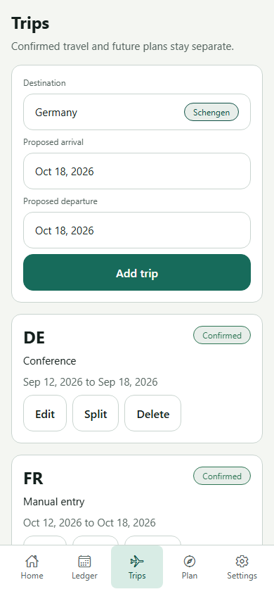 VisaWise trip ledger with travel records