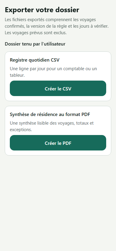 Écran d’export VisaWise pour un rapport de jours de voyage
