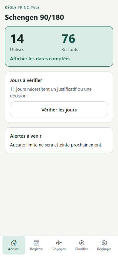 Accueil VisaWise avec les jours Schengen utilisés et restants