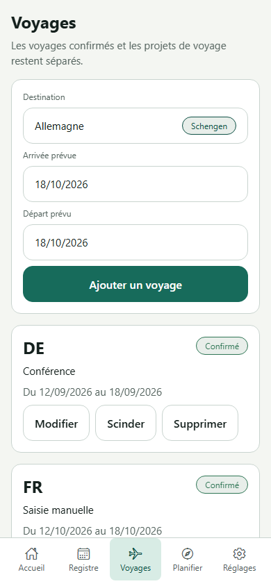 Registre de voyages VisaWise avec les séjours